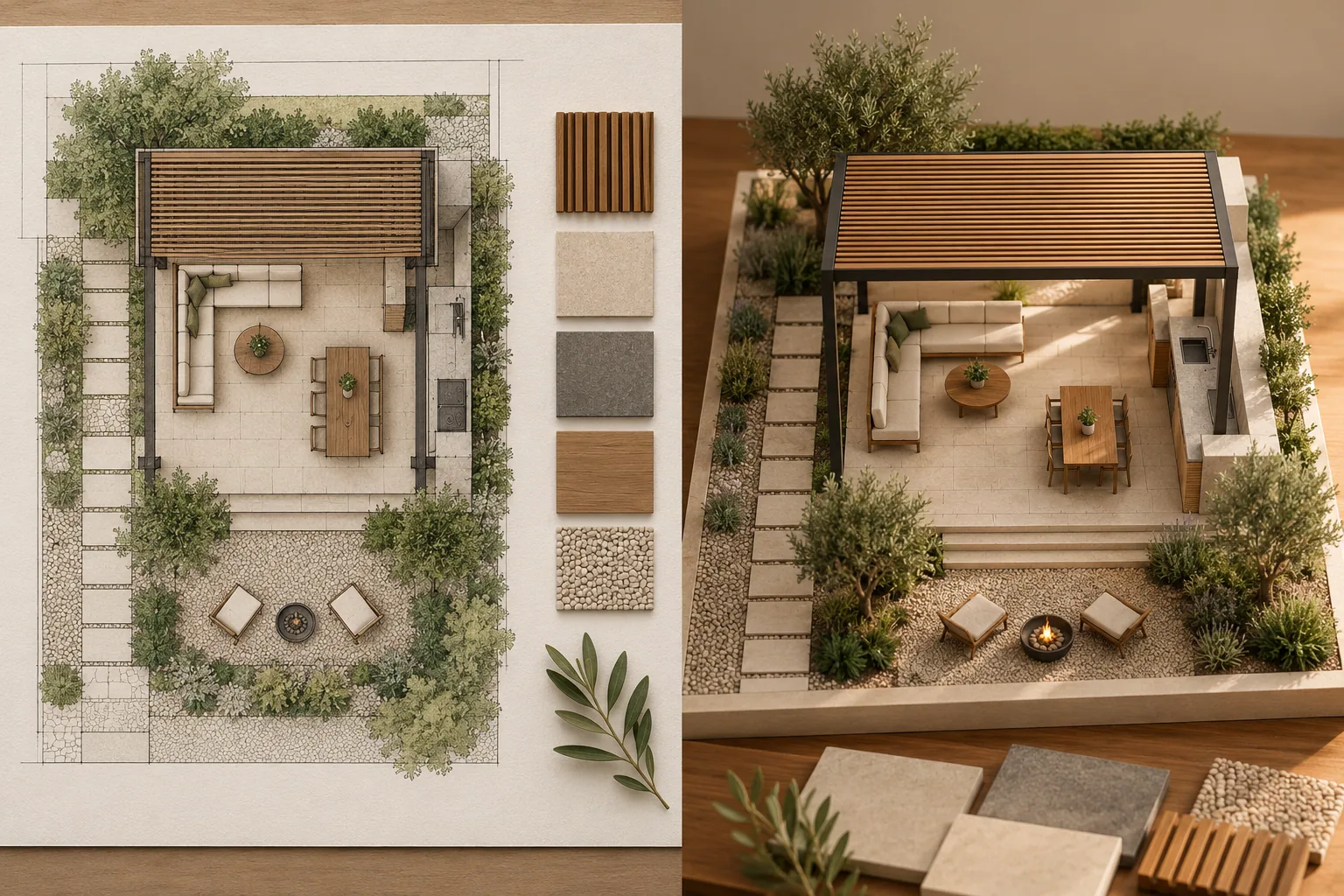 Choose the view that helps the buyer decide Matching pavilion shown as a flat architectural plan beside a three-dimensional scale model with coordinated finish samples.