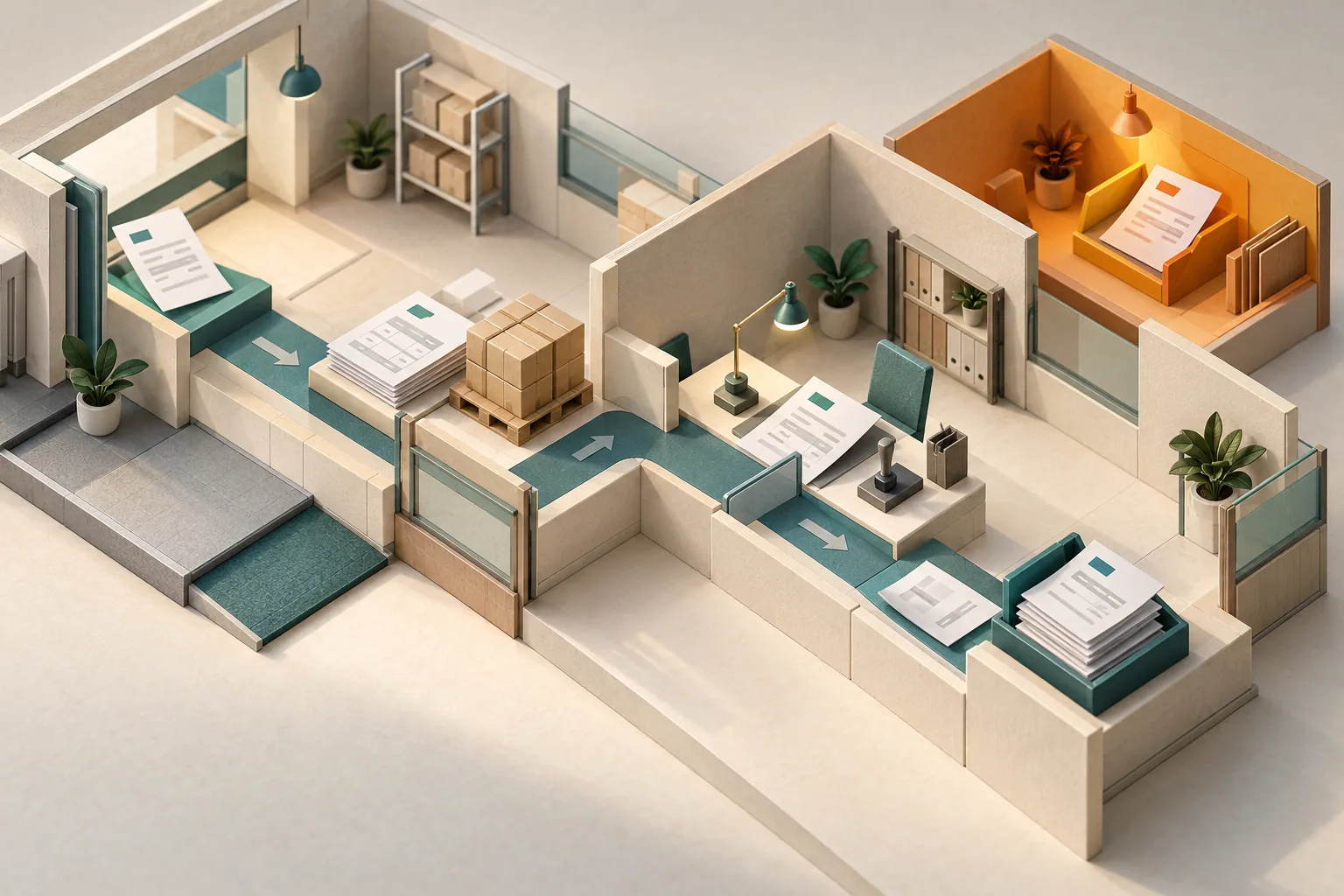 Isometric model of an invoice passing through receiving, matching and approval desks, with a separate review area.