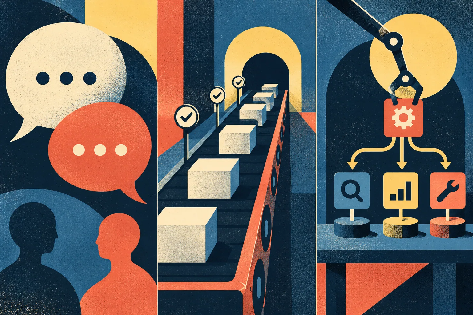 Conversation, repeatable processes and delegated decisions Retro poster with three stations showing conversation bubbles, a fixed conveyor and a tool-selecting arm with branching paths.