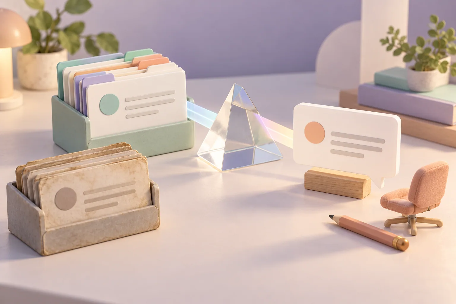 Prepare the source material before the AI support answer Pastel miniature desk with current and faded reference cards, a clear prism and an answer card beside a review chair.