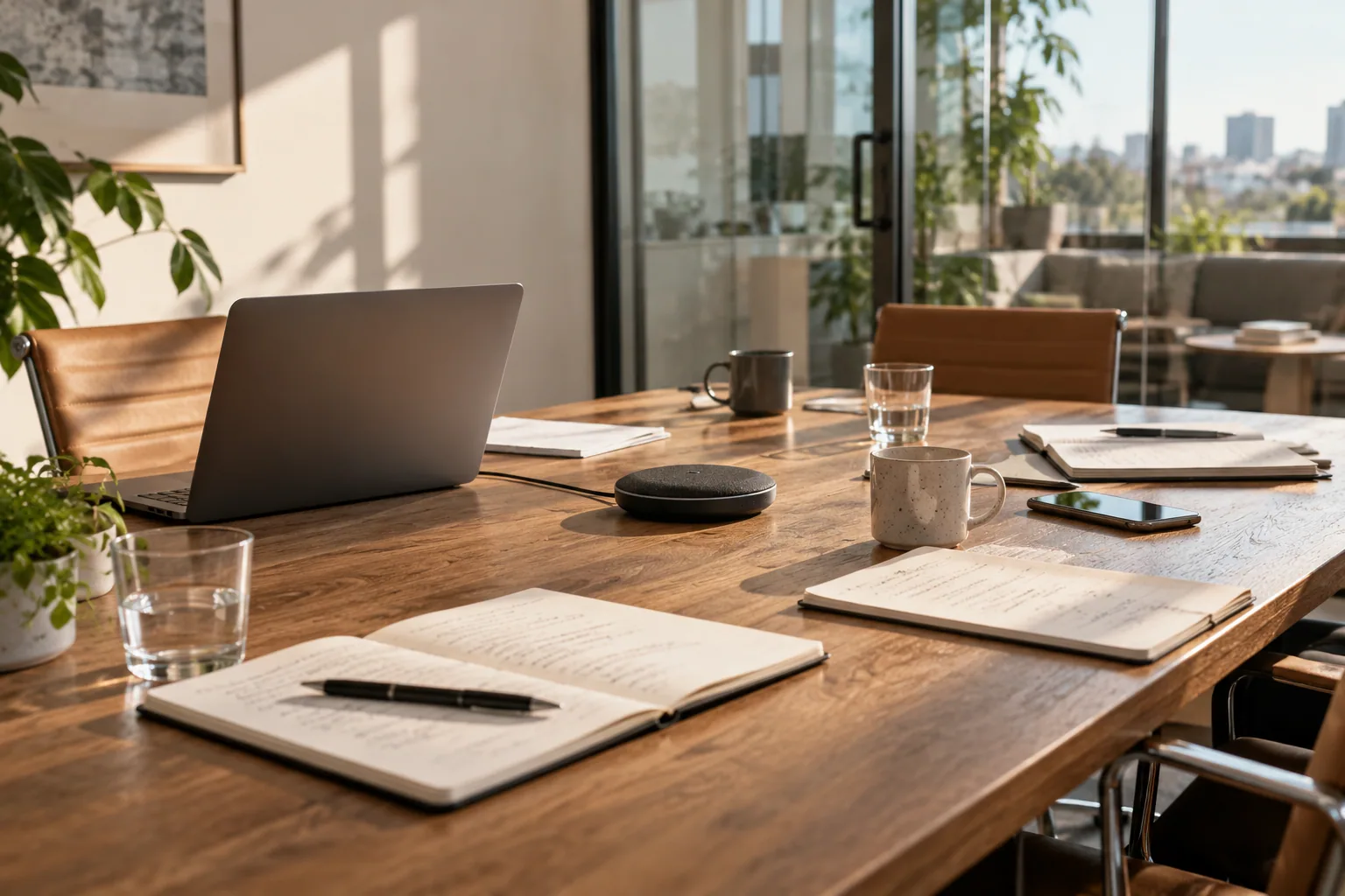 Evaluate what happens after the meeting Sunlit meeting room with a conference microphone, laptop and review notebooks arranged on a wooden table.