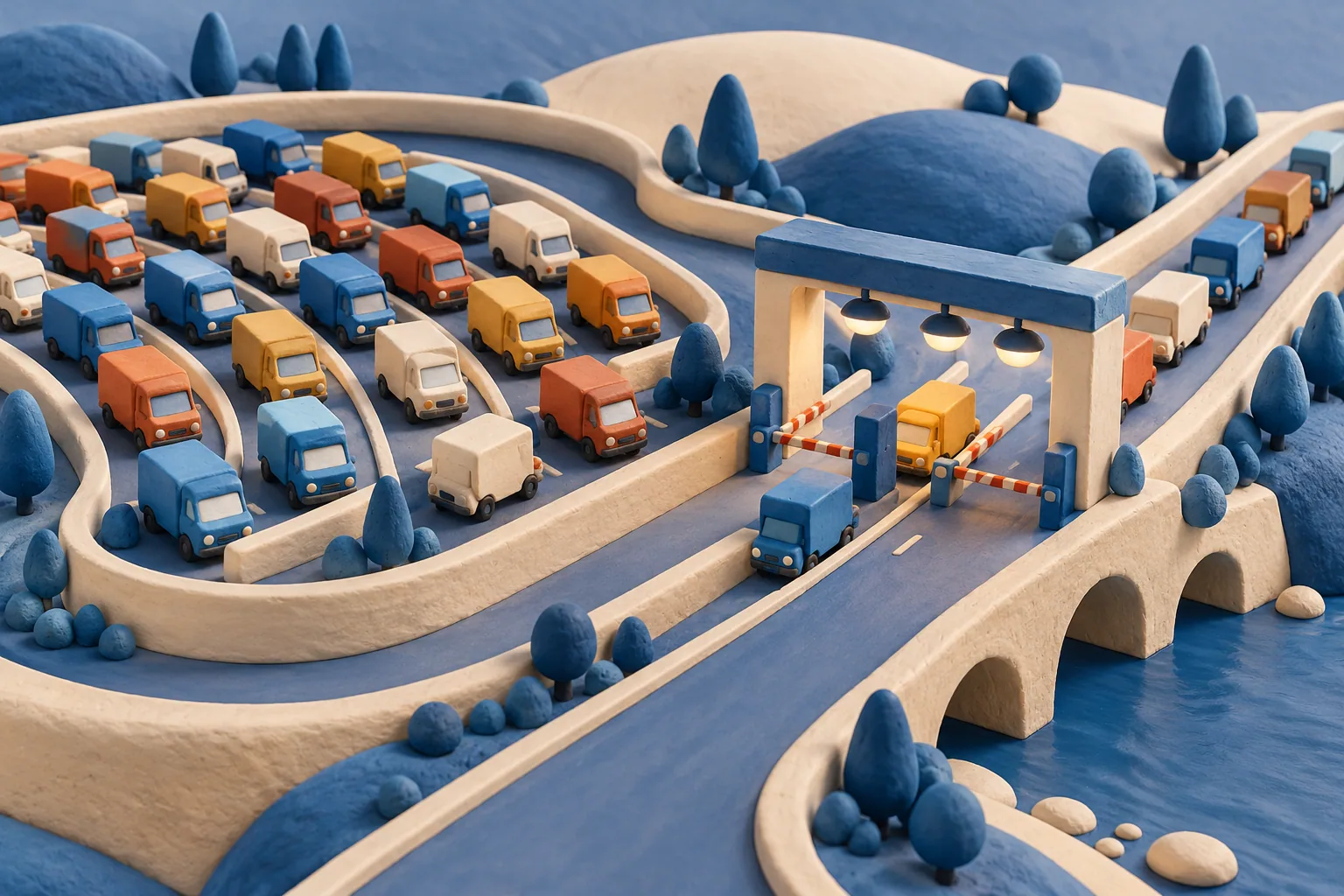 Plan the request flow and the queue Clay vehicles queued in a holding area before a metering gate with a measured stream continuing along a road.