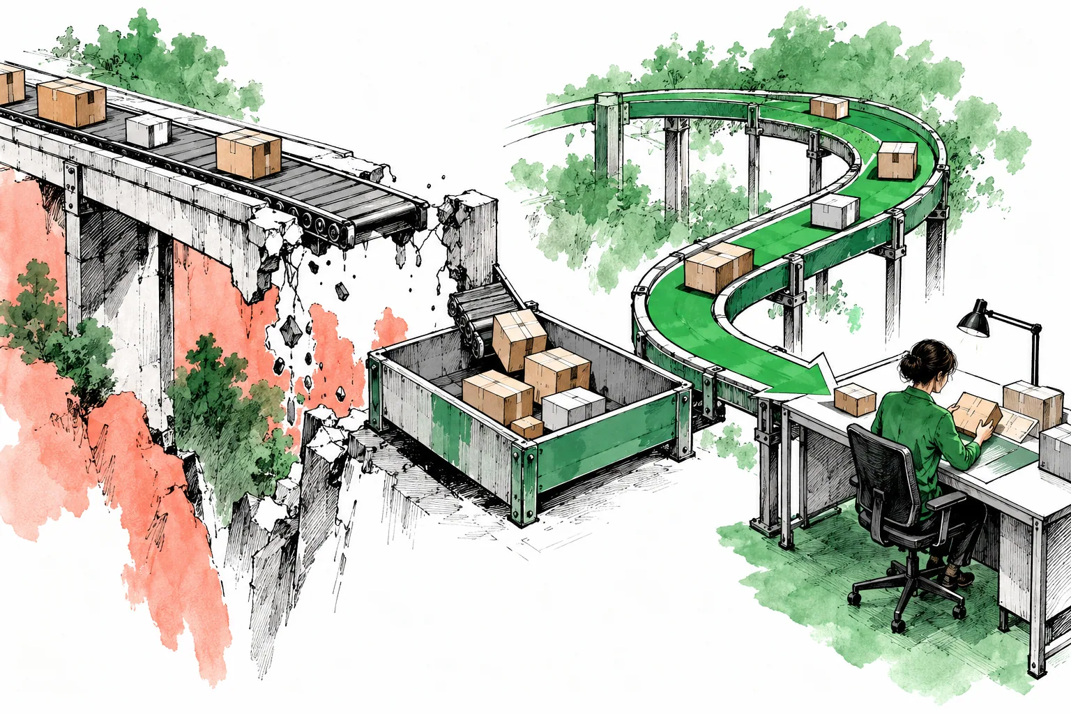 Ink illustration of parcels held safely beside a broken conveyor bridge with an alternate route to a human review desk.