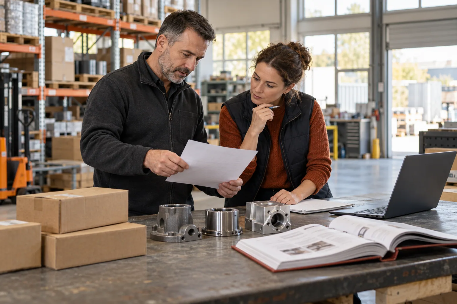 Two colleagues reviewing a printed quote beside industrial samples, parcels and an open catalogue in a trade warehouse.