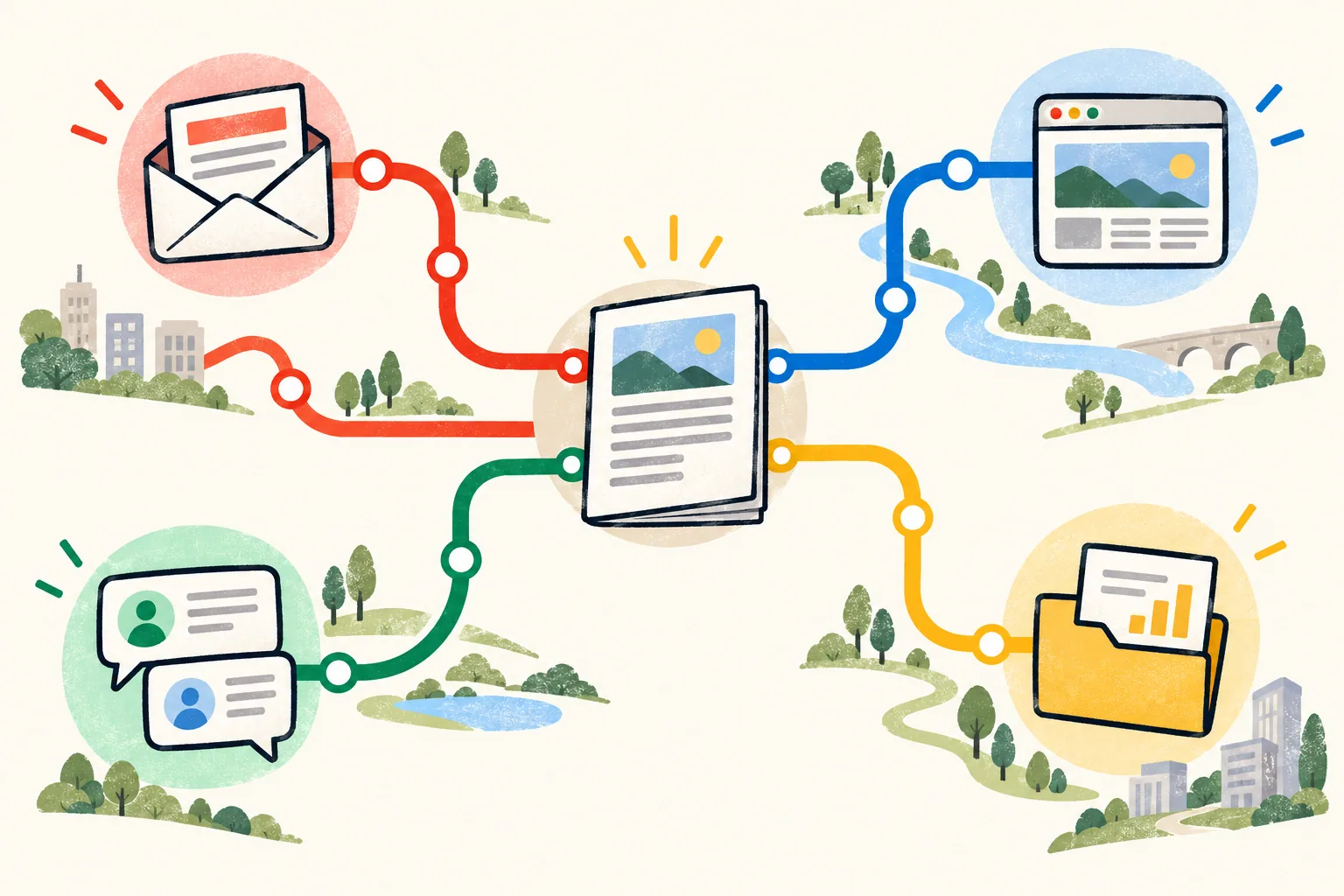 Give one useful article several relevant routes Colourful transit-map illustration connecting a central article to an envelope, website window, conversation cards and sales folder.