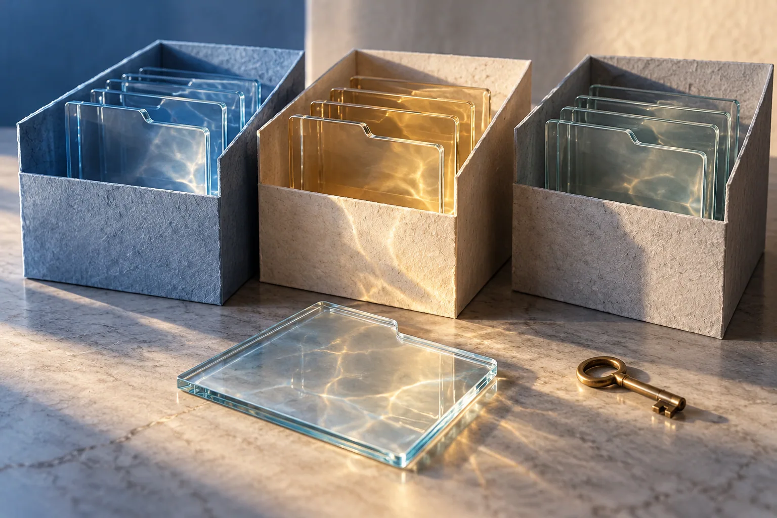 Separate the controls around business AI data Glass folders in separate paper compartments, with one folder outside the boundary and a brass key beside it.