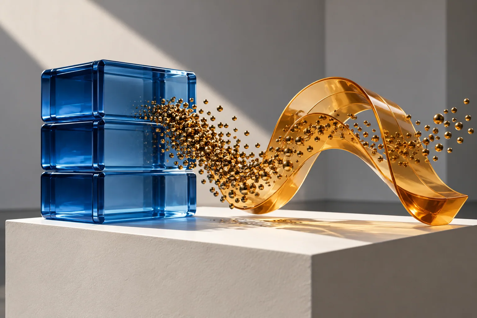 Storage capacity is only one cost dimension Gallery sculpture combining stacked blue storage blocks, small brass request beads and an outward-flowing amber ribbon.
