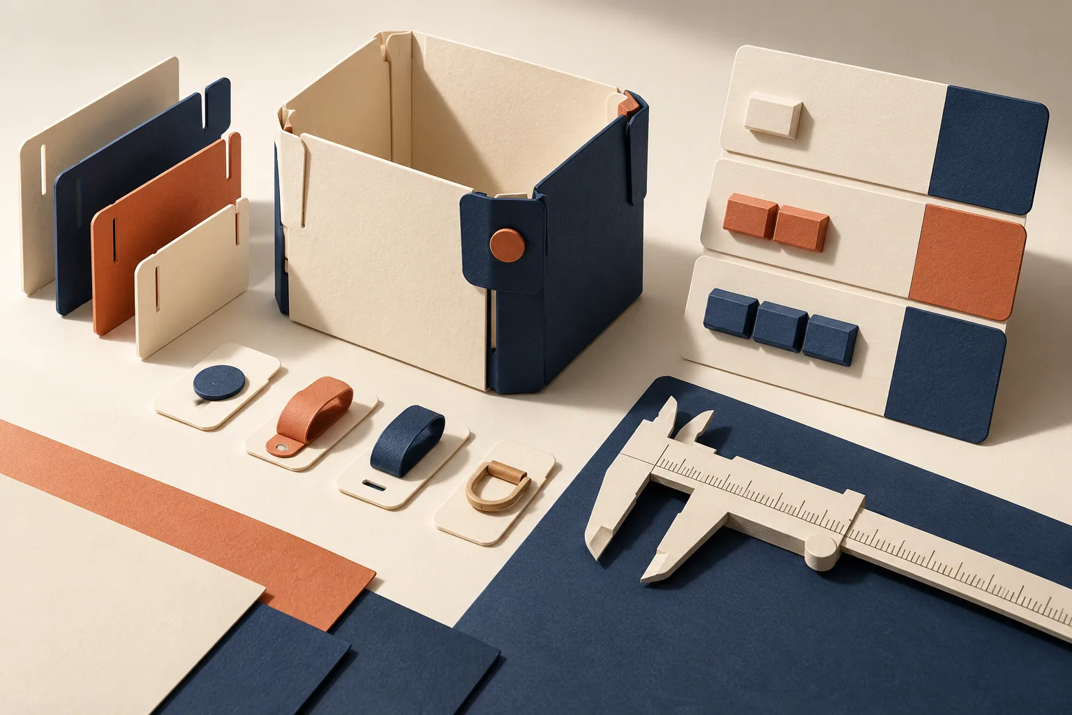 Make the calculation traceable to the configuration Precision folded-paper product with interchangeable size panels and accessory tabs beside layered calculation cards.