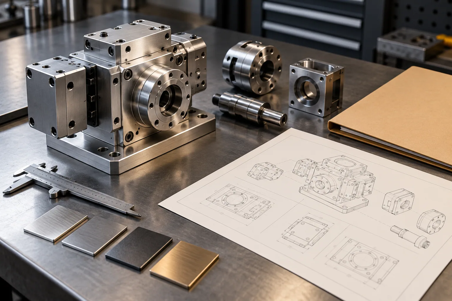 Precision metal assembly beside compatible components, finish samples, caliper, technical drawing and a plain quote folder.