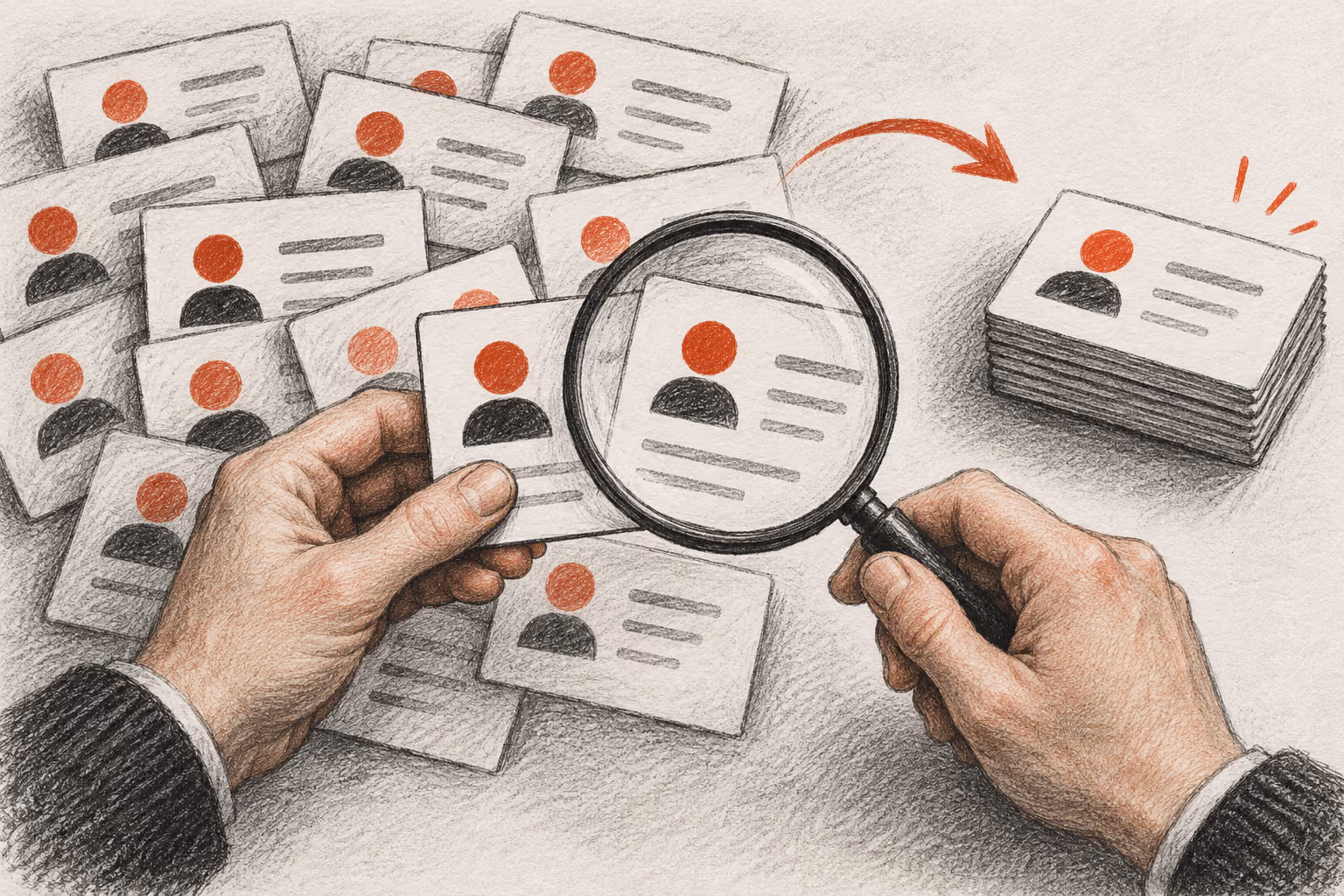Review identity before merging CRM records Charcoal drawing of a hand comparing overlapping contact cards under a lens beside a consolidated stack.