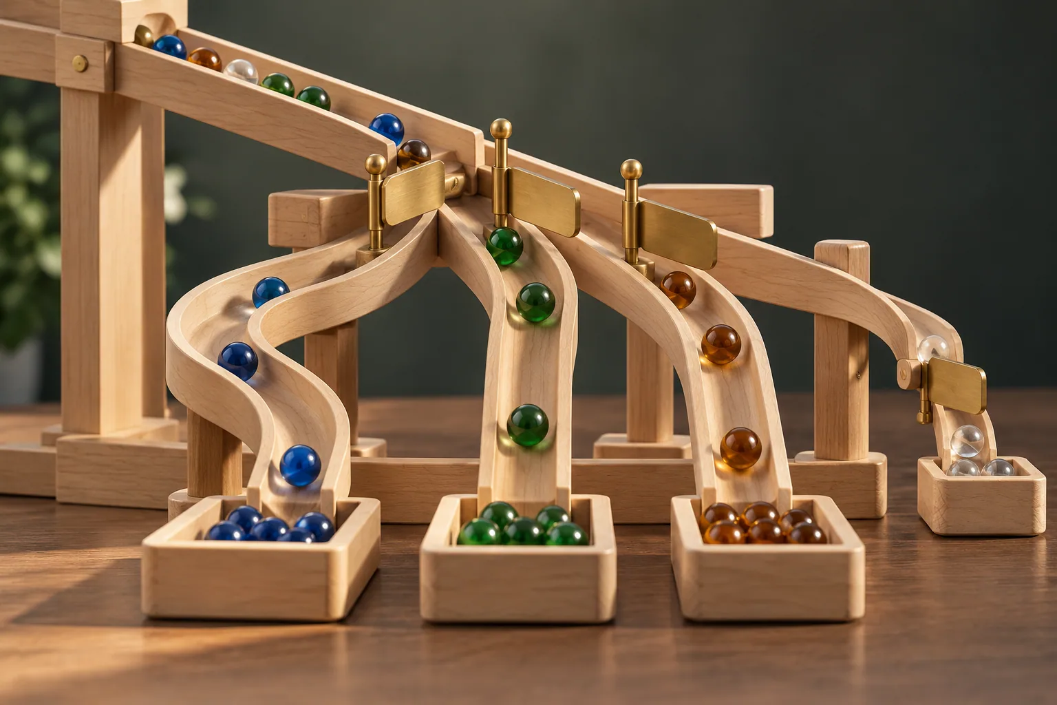 Route every enquiry to an accountable next step Wooden marble run with gated assignment routes and a separate catch tray for marbles that need an exception path.