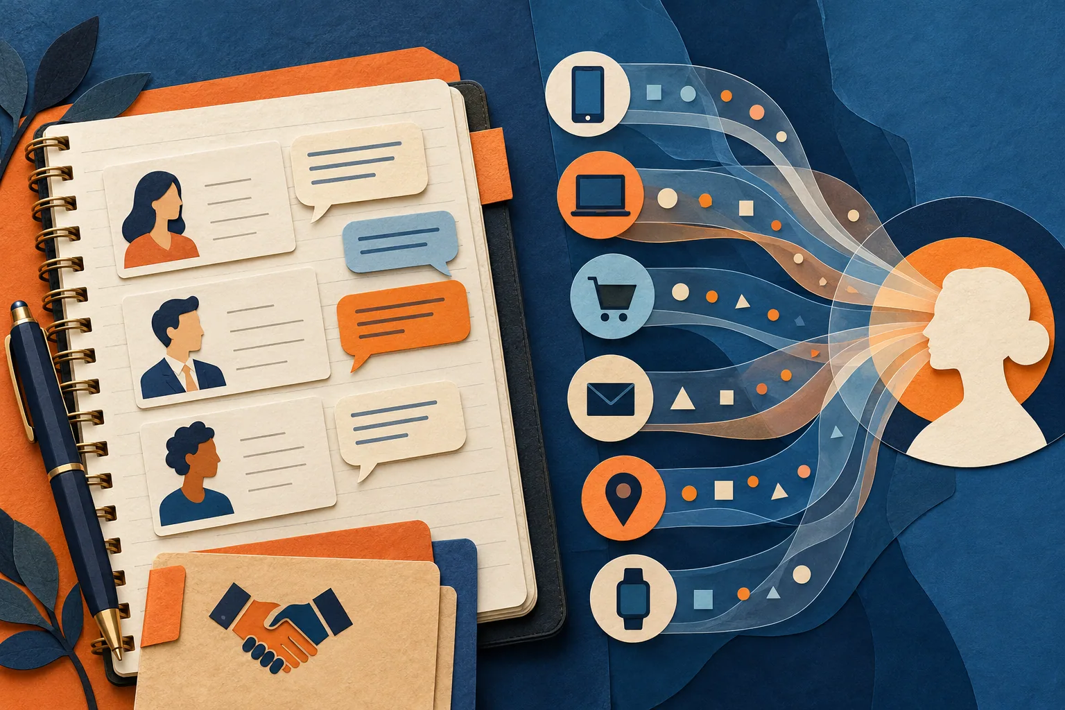 Customer relationships and event data need different operating models Paper collage contrasting relationship cards in a sales notebook with device event streams joining a customer profile.