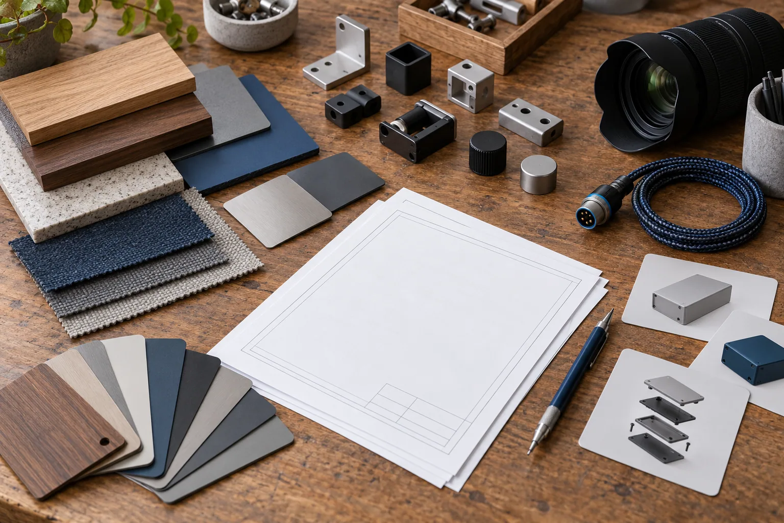 Scope the work behind a custom configurator Workshop flat lay grouping finish samples, modular parts, specification sheets, camera lens and an integration cable.
