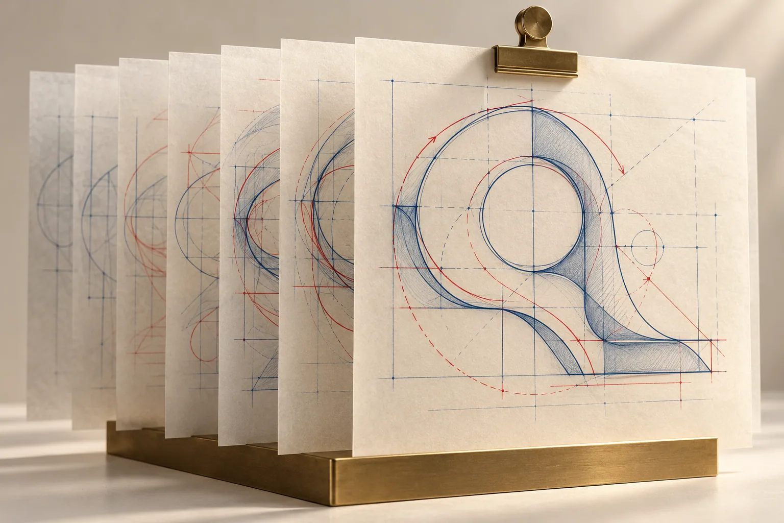 Make the current document identifiable Layers of translucent paper showing successive geometric revisions with one chosen document held by a brass clip.