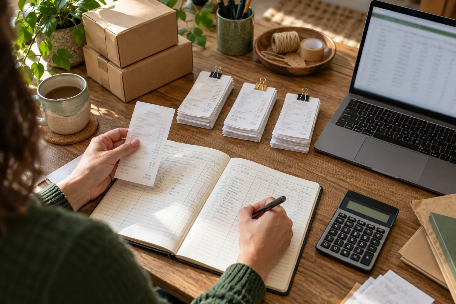 Reconciling ecommerce orders with payment settlements Retailer checking order receipts against a ledger beside parcels, a calculator and a laptop.