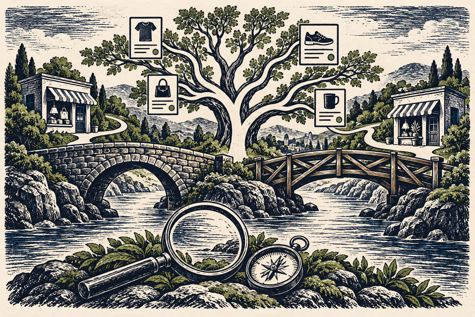 Woodcut illustration of two storefronts connected by bridges beneath branching product cards, with a magnifying glass and compass.