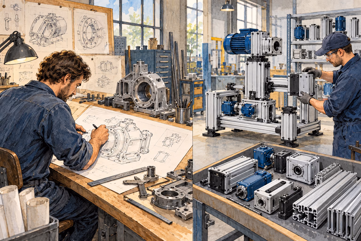 Pen-and-wash workshop scene contrasting an engineer drafting a bespoke component with an assembly of predefined modules.