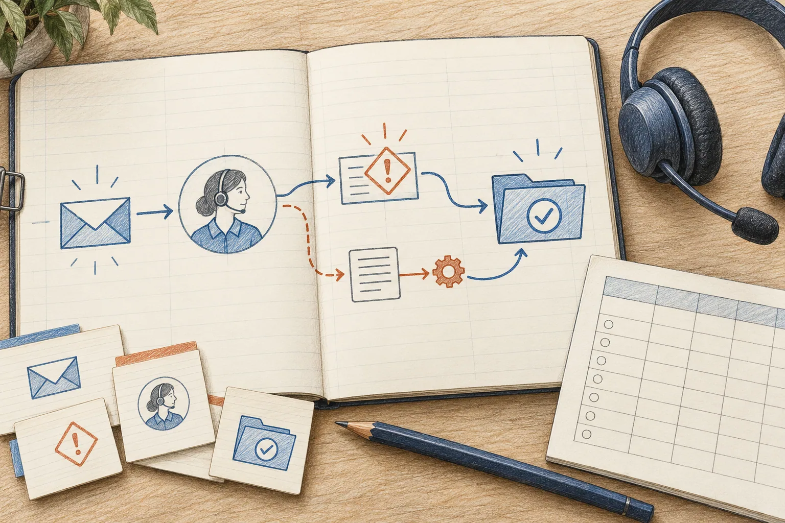 A help desk RFP built around the service workflow Technical notebook showing a support journey from an incoming envelope through an agent and exception route to a resolved case.