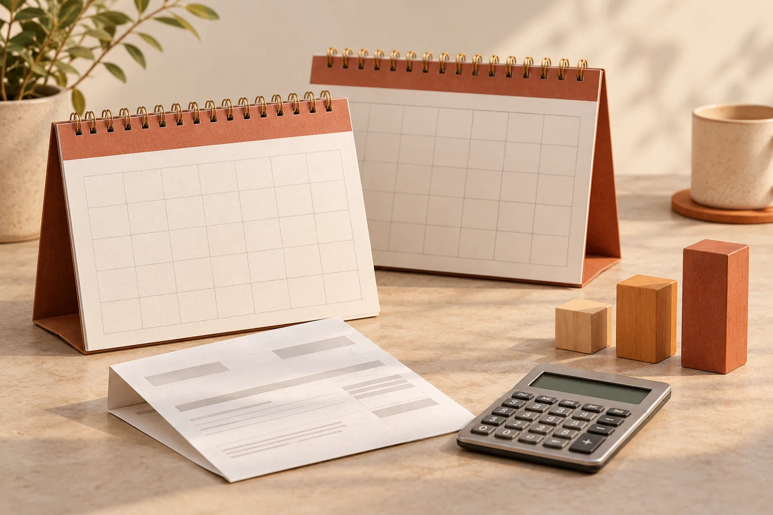 Look beyond the introductory hosting price Two paper calendars beside an invoice sheet, calculator and rising wooden blocks representing later hosting costs.