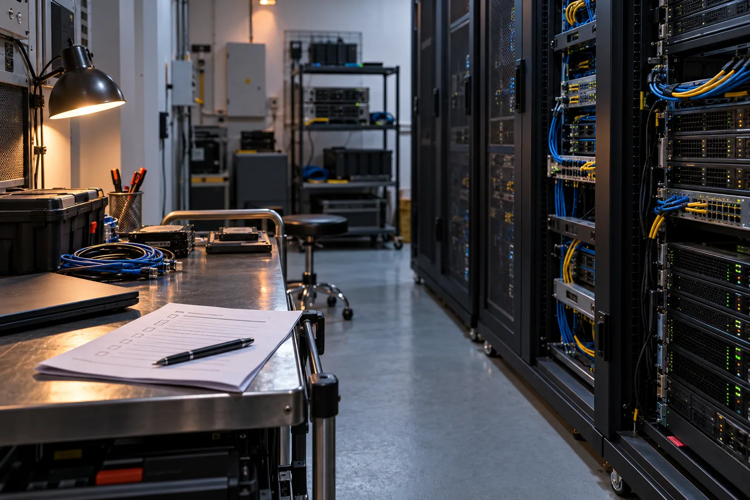 Check what the hosting service actually manages Server racks beside a maintenance trolley and checklist under a warm service lamp in a small server room.
