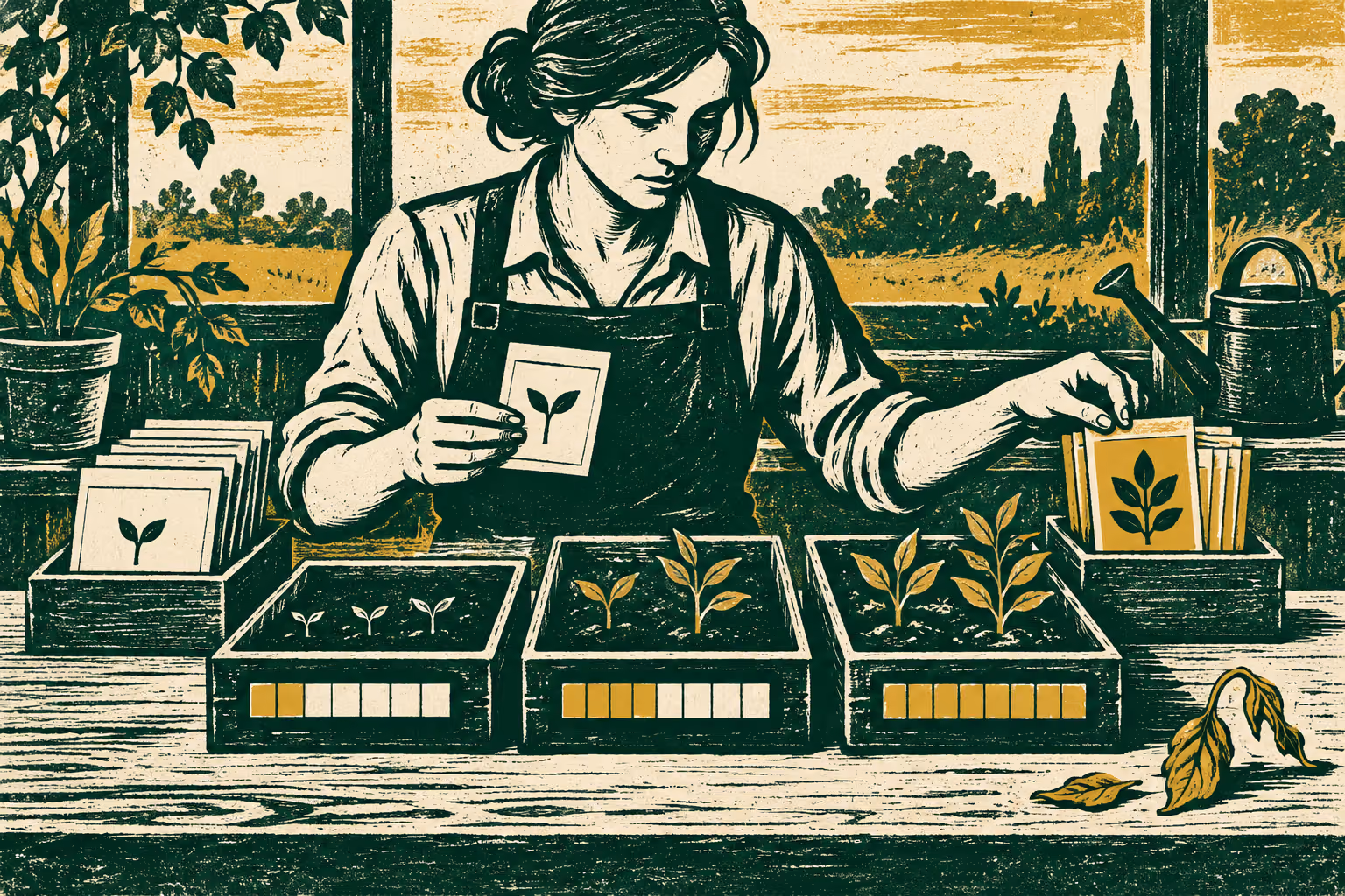 Separate fit from recent activity Linocut illustration of a gardener sorting seed packets into trays with different growth stages and a fading leaf.