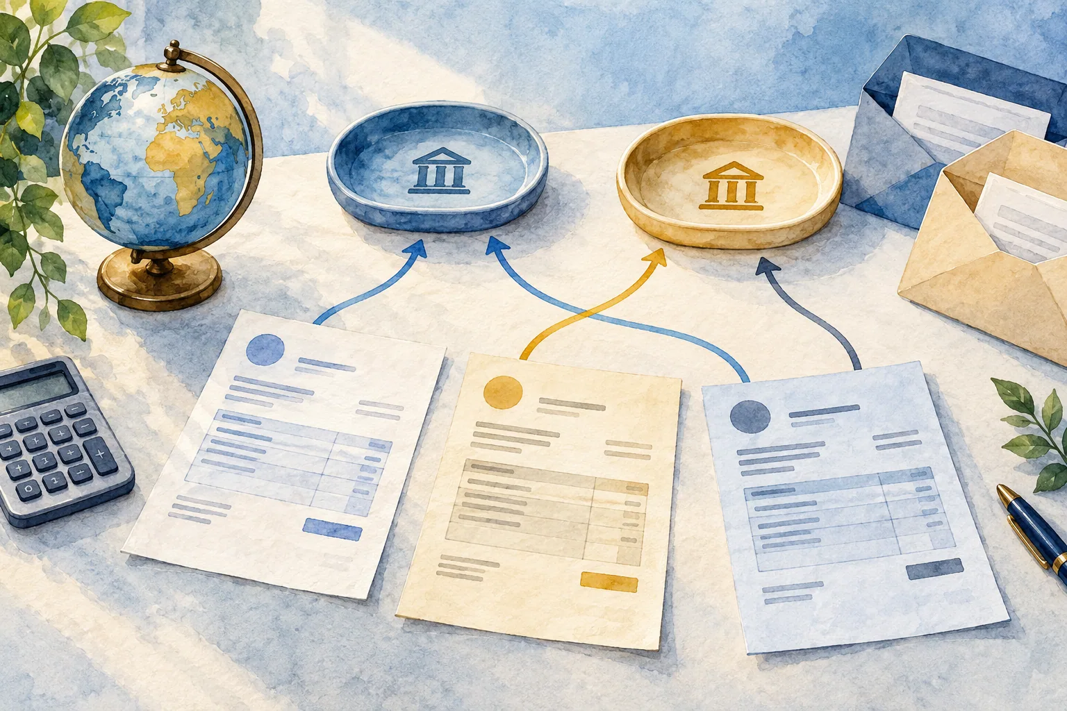 Watercolour invoices linked by painted arrows to two bank trays beside a globe and calculator.