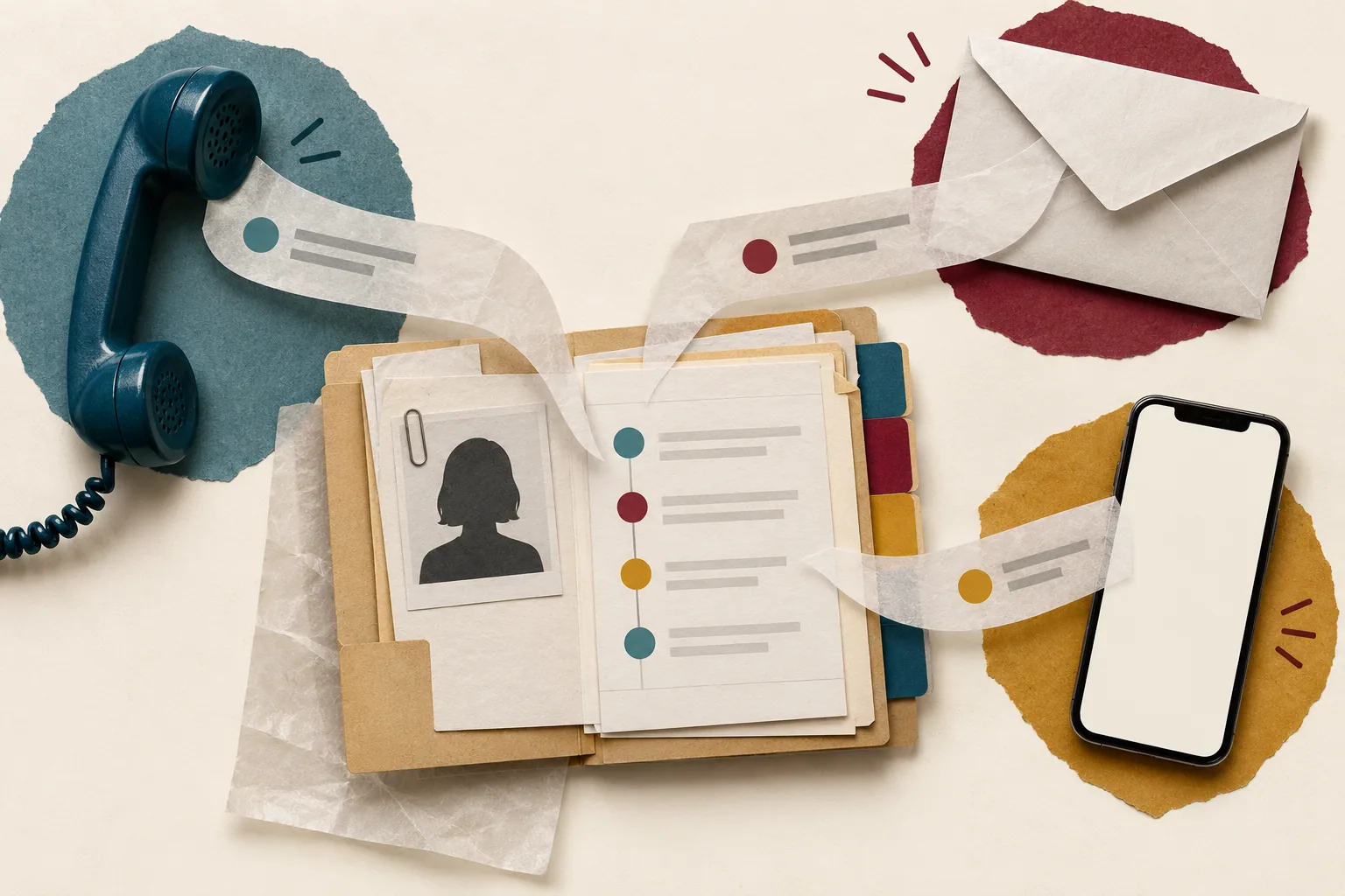 One customer case across several support channels Mixed-media collage connecting a phone, envelope and smartphone to one customer case folder and interaction timeline.