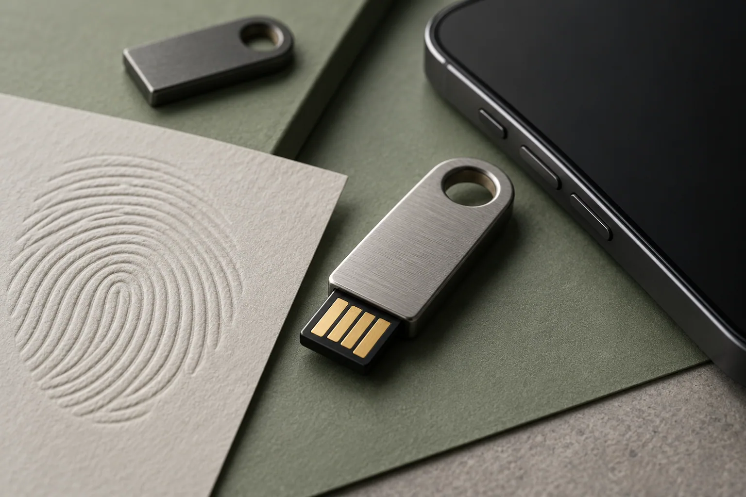Plan the sign-in and the recovery Macro photograph of an unbranded security key beside a phone, embossed fingerprint-like ridges and a separate spare key.
