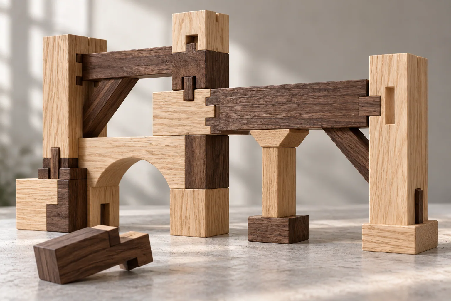 Make dependencies explicit in the product model Interlocking wooden structure with keyed joints, a required support piece and an incompatible component resting separately.