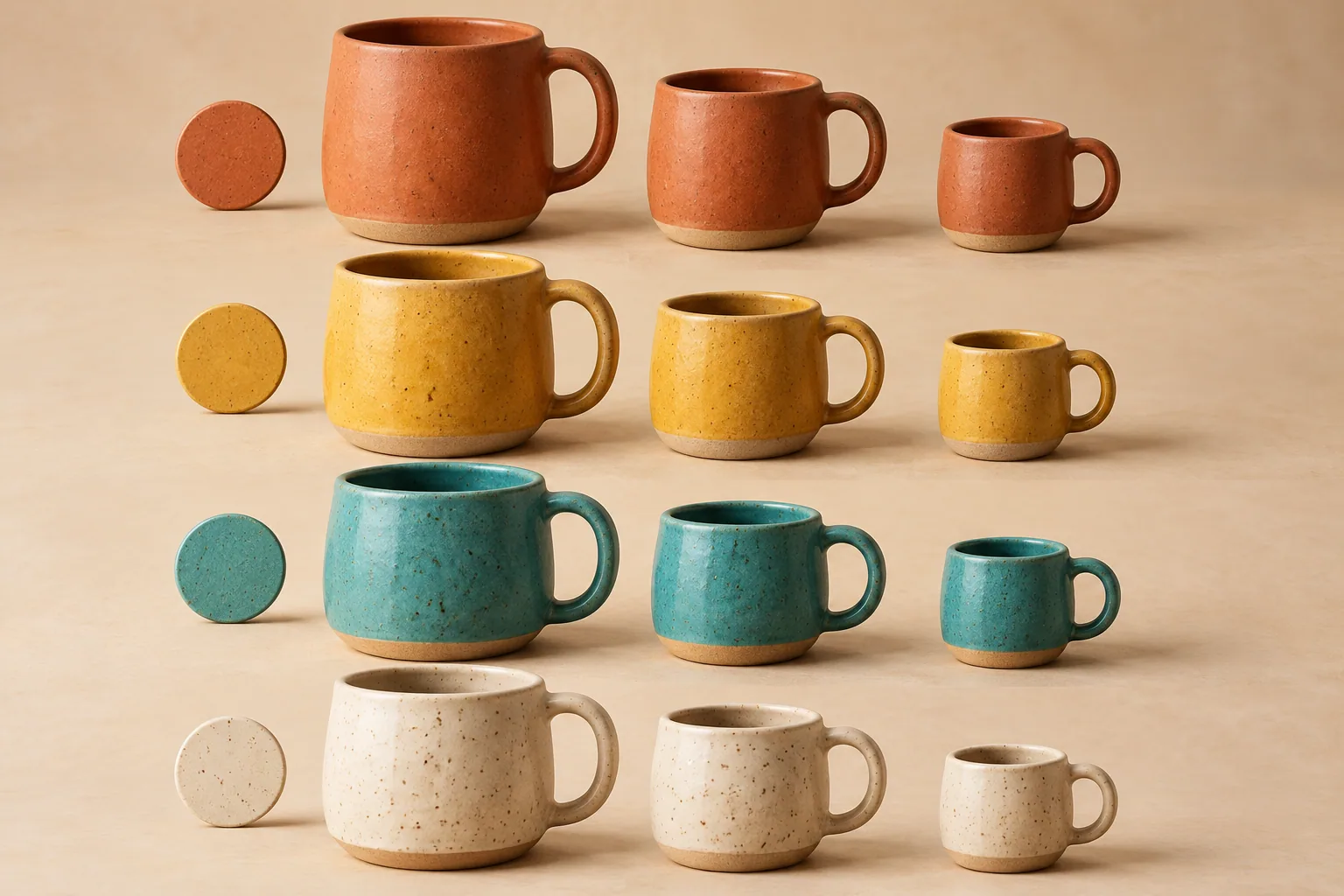 A grid of clay mugs in four colours and three sizes, with matching colour swatches beside each row.