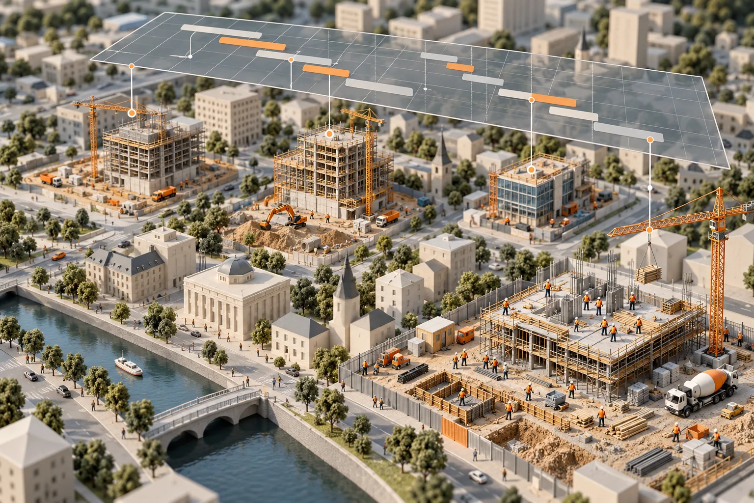 Connect portfolio decisions with project delivery Miniature city with several construction projects beneath a shared planning frame and detailed work at individual sites.