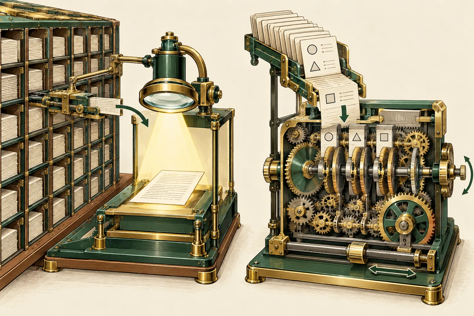 Retrieval and model adaptation solve different problems Technical cutaway showing a lens retrieving a page from a library beside a separate instrument adjusted by example cards.