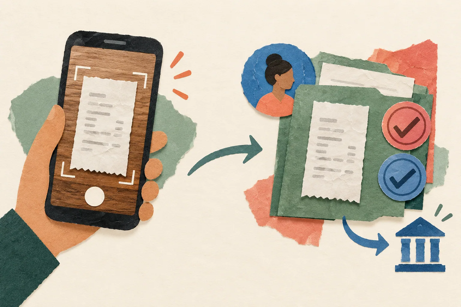Paper collage showing a receipt scanned by a phone and moved into an expense folder with approval marks.