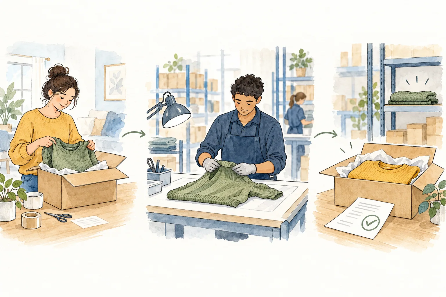 Ink-and-watercolour sequence showing a customer packing a jumper, a warehouse inspection and a replacement parcel.