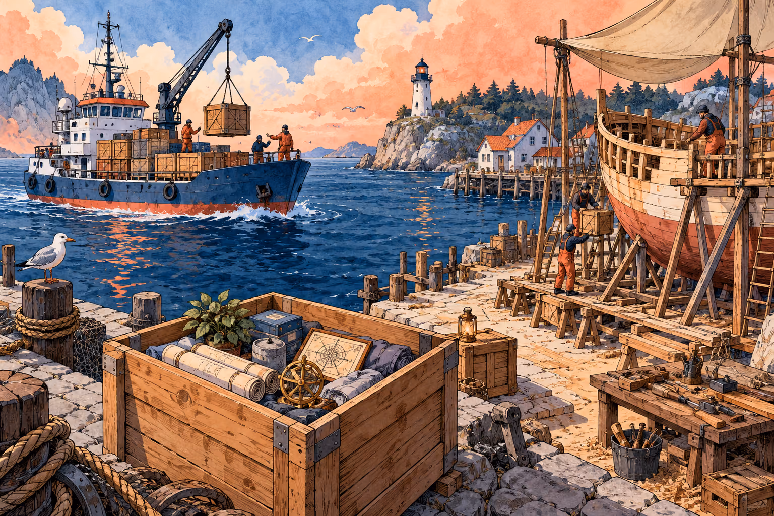 Saved data must support usable recovery Nautical illustration with an active ship, a saved cargo crate on shore and a second vessel being rebuilt from retained materials.