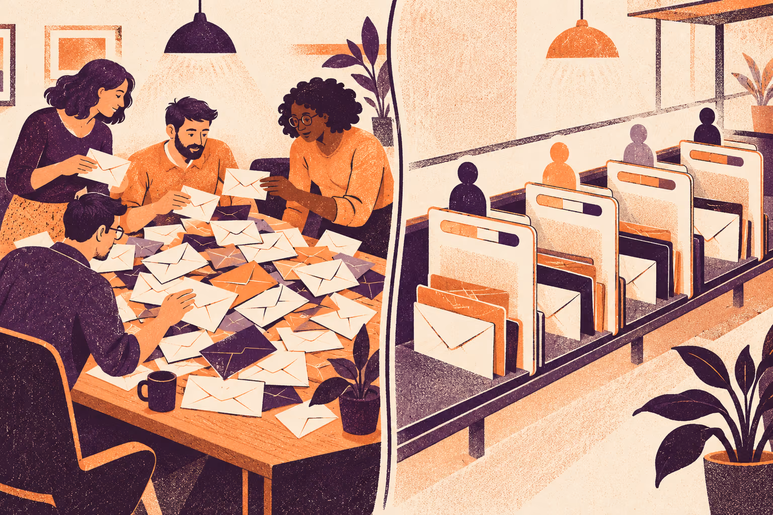 Shared correspondence and a structured case lifecycle Duotone illustration of colleagues sorting envelopes beside case folders with individual ownership markers.
