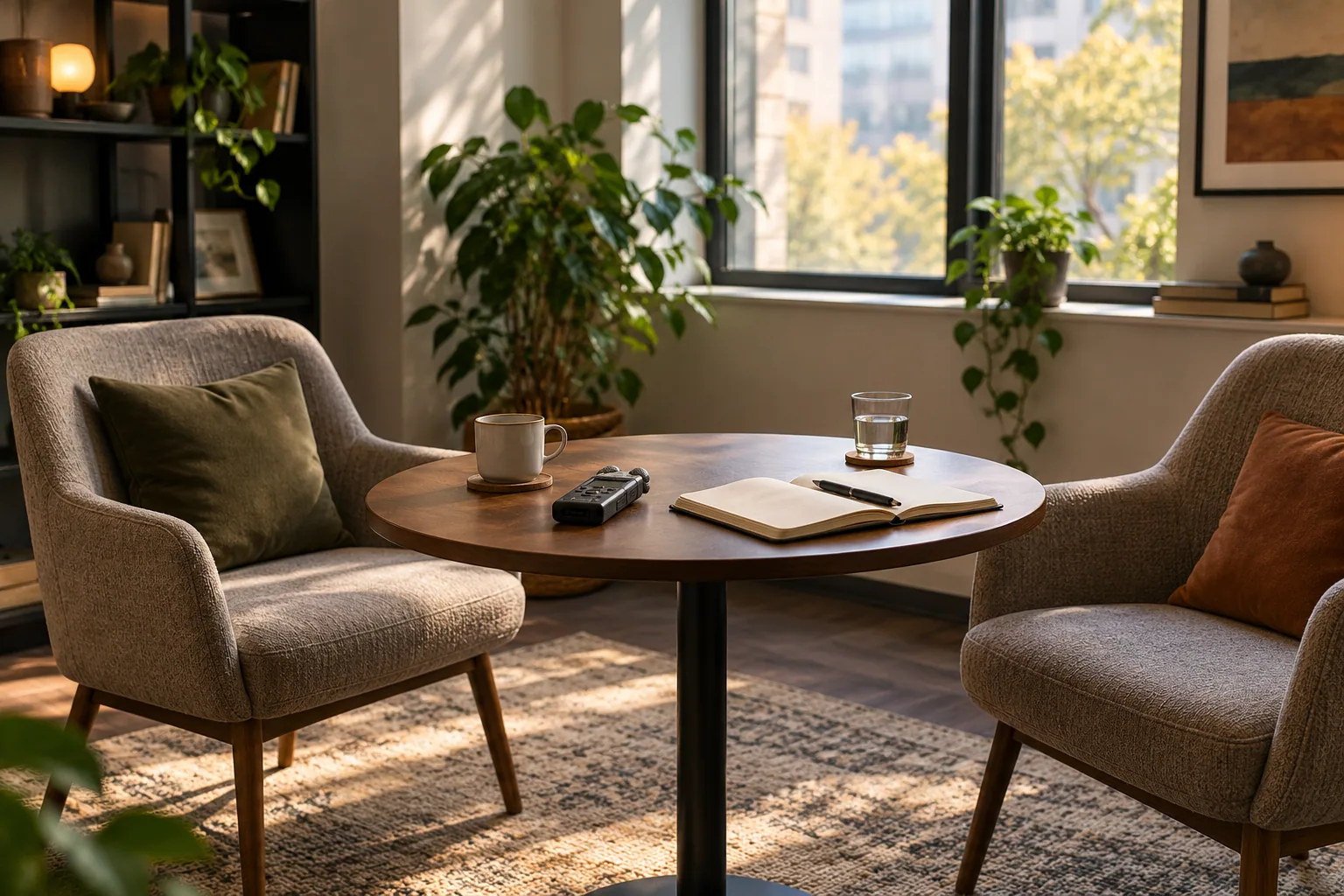 Ask for the workflow behind the success story Quiet interview setting with two chairs, a recorder and an open notebook on a table beside a softly lit window.