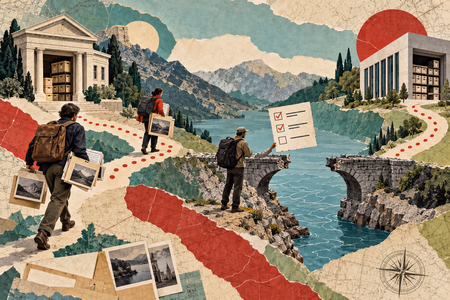 Test the route to a usable destination Travel-map collage with people carrying document luggage between archives and checking a missing bridge along the route.