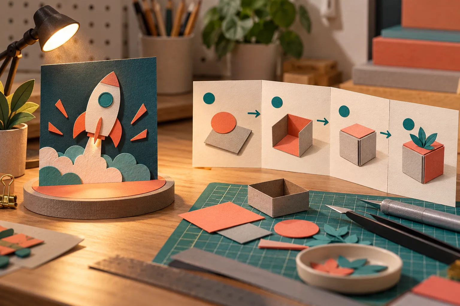 Choose the article format around the reader’s task Stop-motion desk diorama contrasting a spotlighted announcement card with a step-by-step paper foldout and small tools.