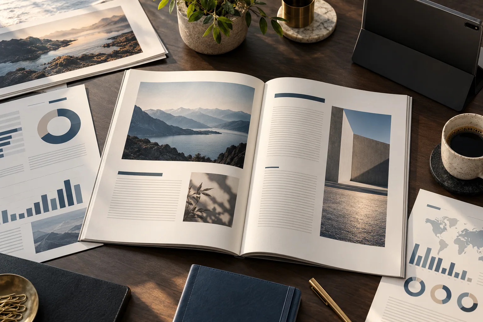 Ask for a publishing scope you can assess Open editorial magazine and organised media sheets on a publishing desk beside a tablet and coffee cup.