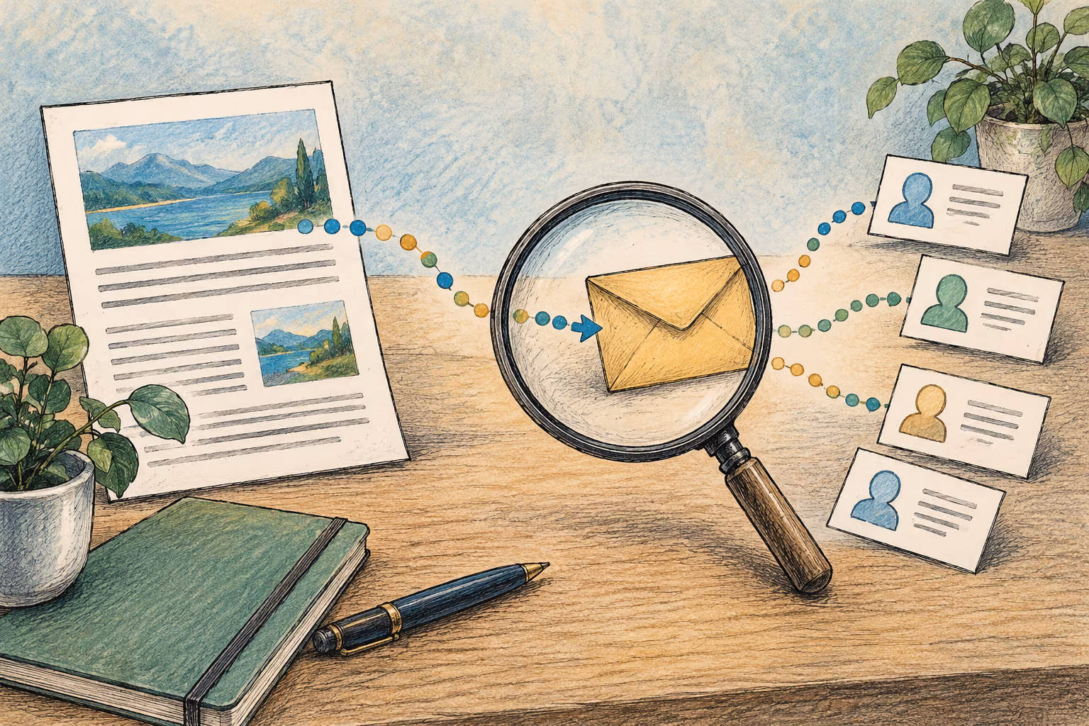 Follow the campaign from article to reviewed enquiry Ink-and-pastel still life linking an article sheet through referral dots to an enquiry envelope and separately reviewed lead cards.