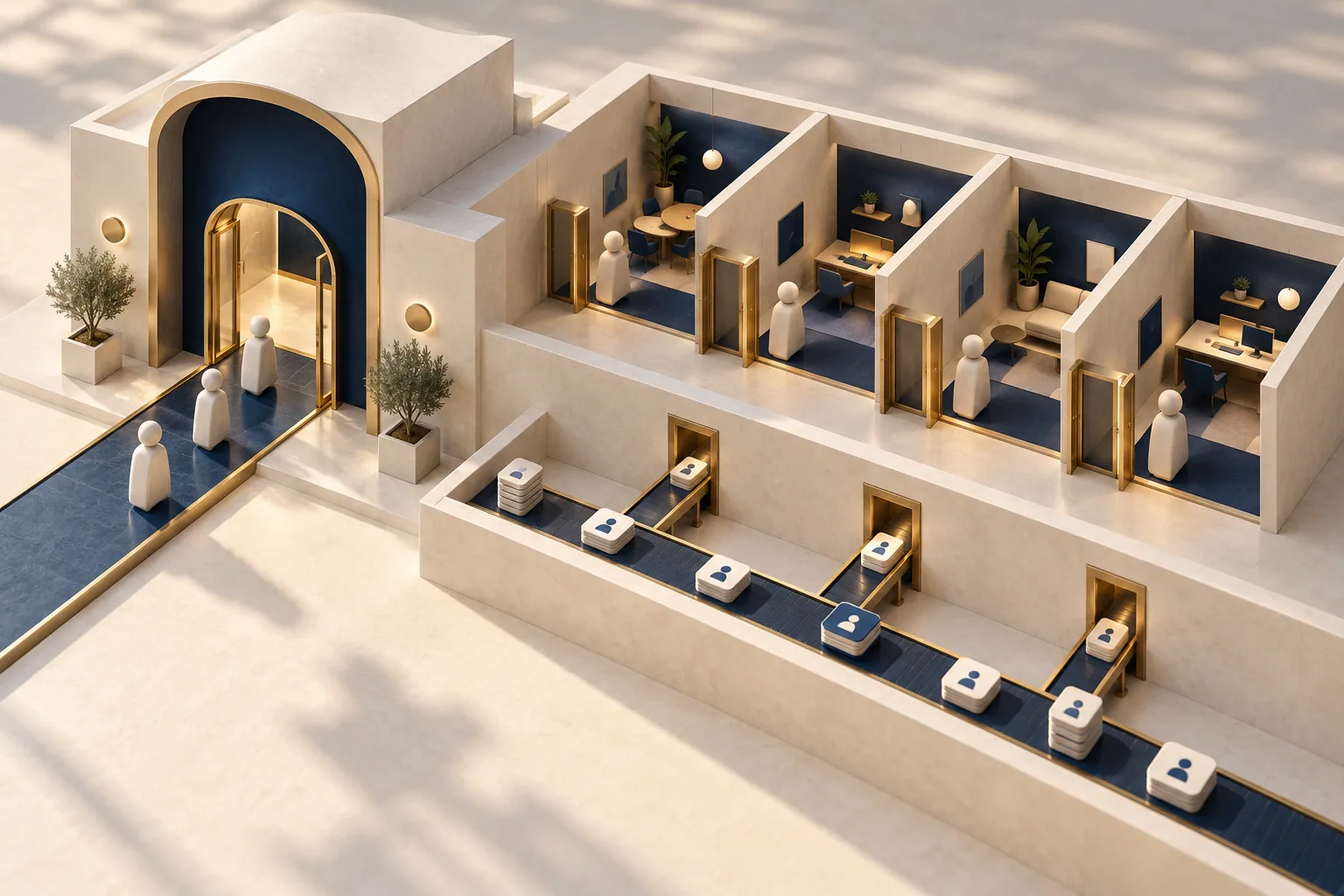 Separate sign-in from the account lifecycle Architectural model with a shared entrance to several rooms and a separate corridor moving identity tokens between rooms.