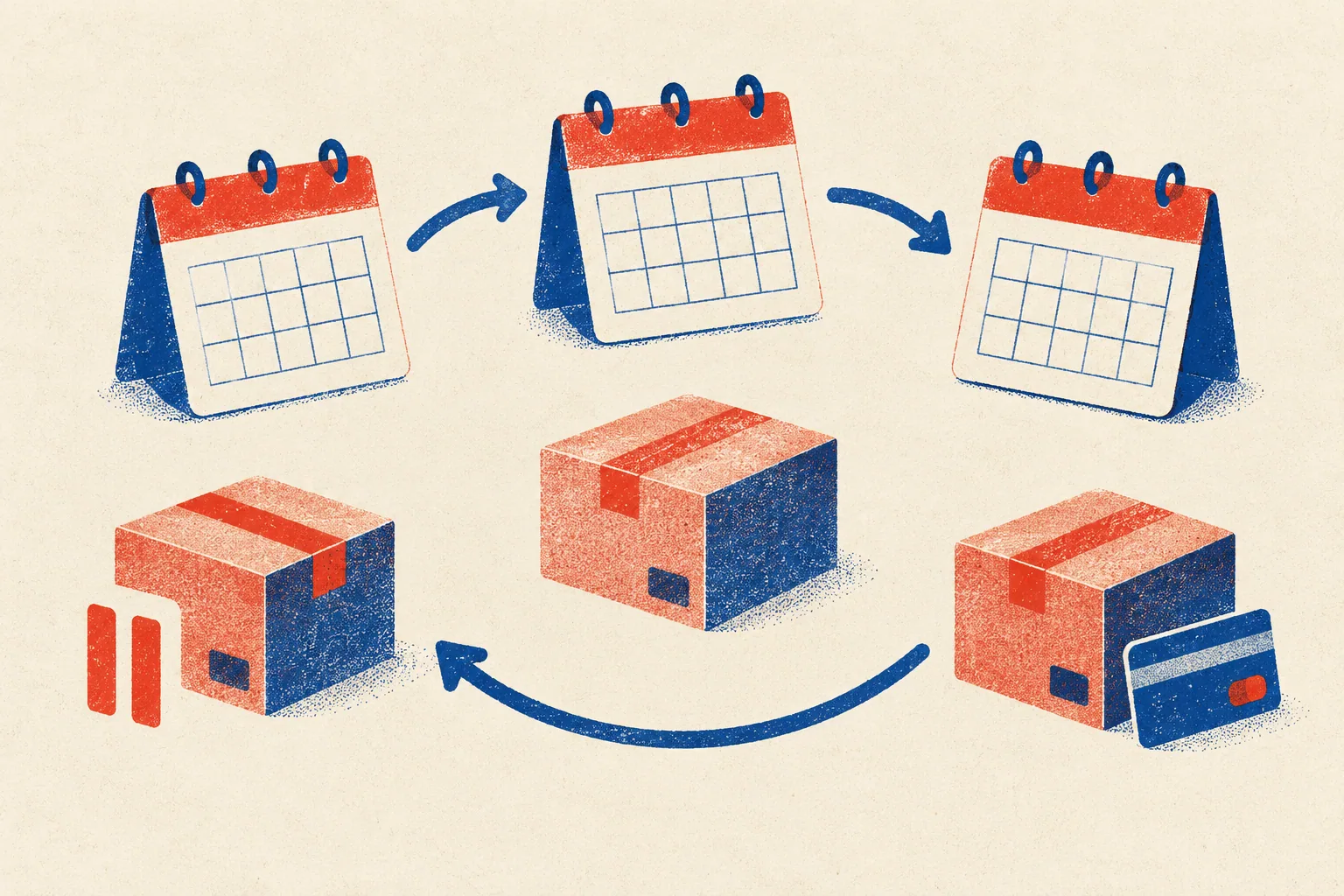 Risograph calendars and parcel boxes forming a delivery cycle, with a pause symbol and payment card.