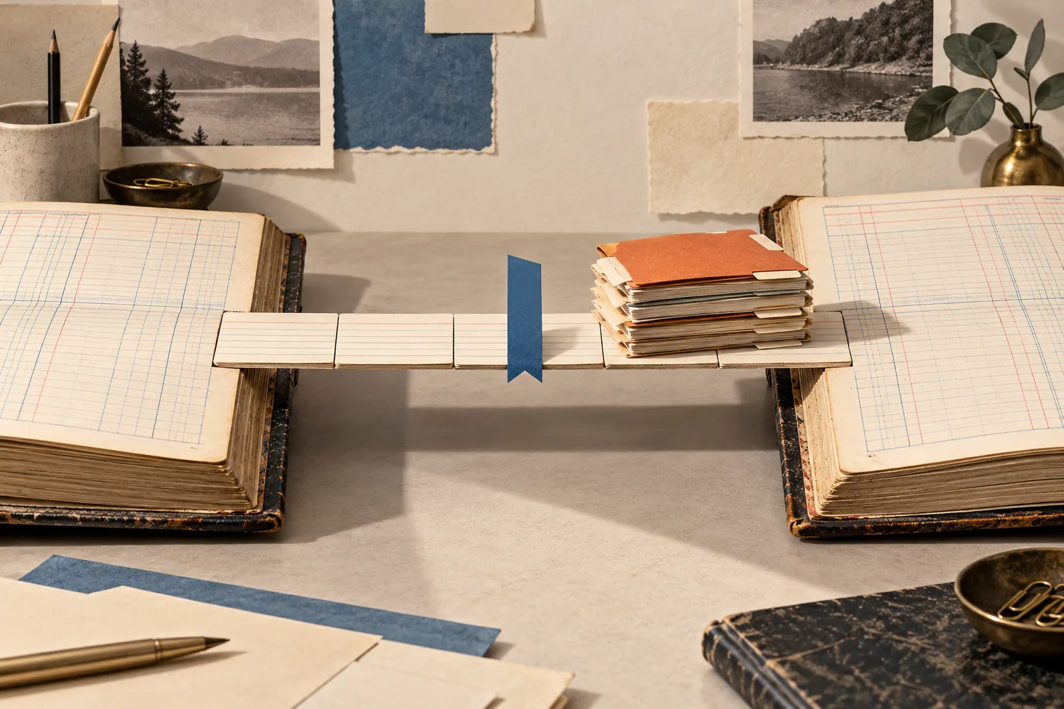 Two open ledgers connected by a bridge of index cards carrying invoice folders across a blue date marker.