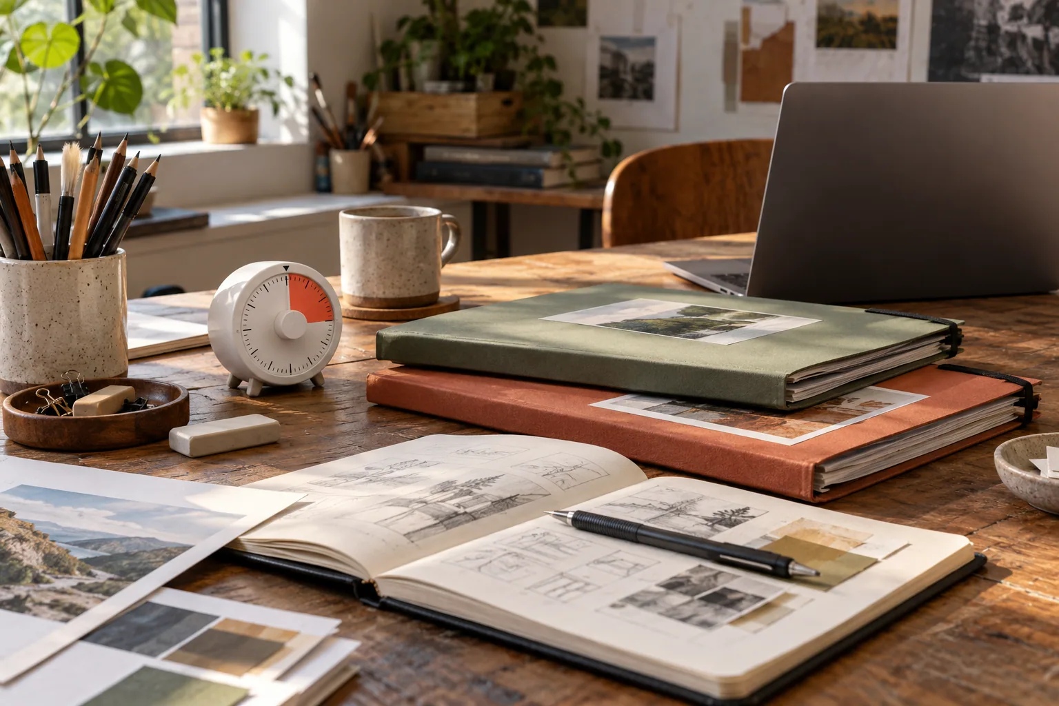 Creative studio desk with a timer, two client folders, drawing materials and a notebook for reviewing project work.