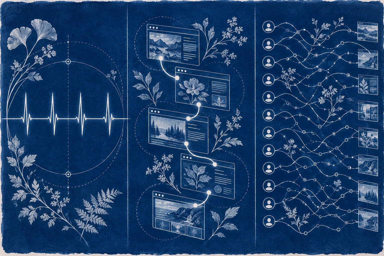 Observe availability, tasks and real experiences Cyanotype triptych showing an availability pulse, a path through page cards and multiple individual visitor journeys.