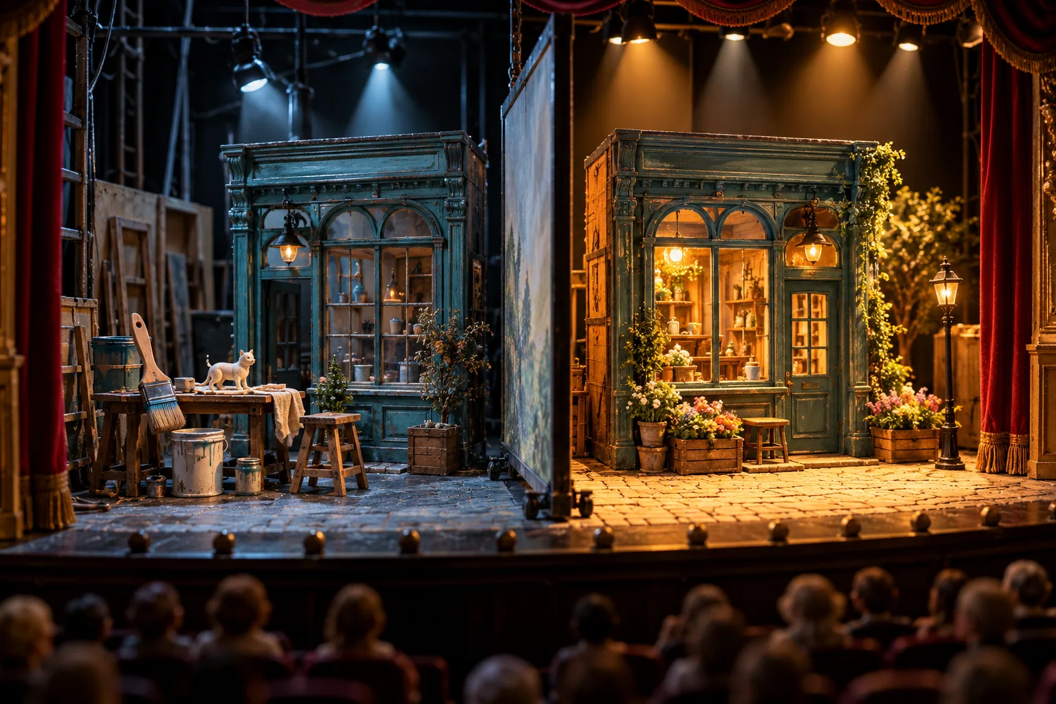 Rehearse the change before the live release Miniature theatre with a backstage shopfront under repair beside an illuminated live shopfront separated by a screen.